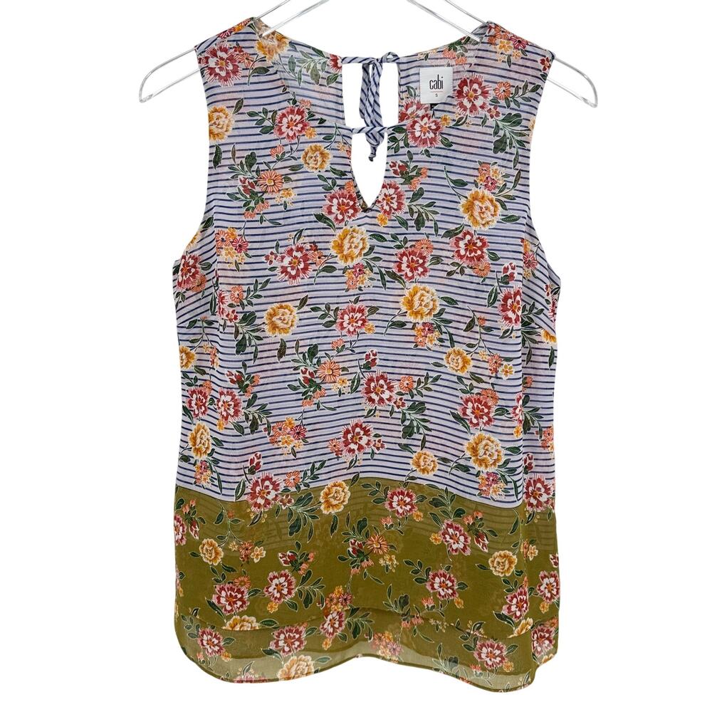 Cabi Penelope Blouse Floral Stripe Keyhole Neck Sleeveless Top Size Small